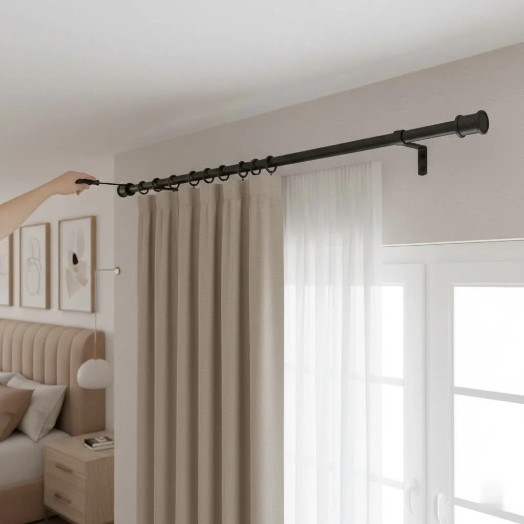 Modern living room with ceiling-mounted track curtain rods