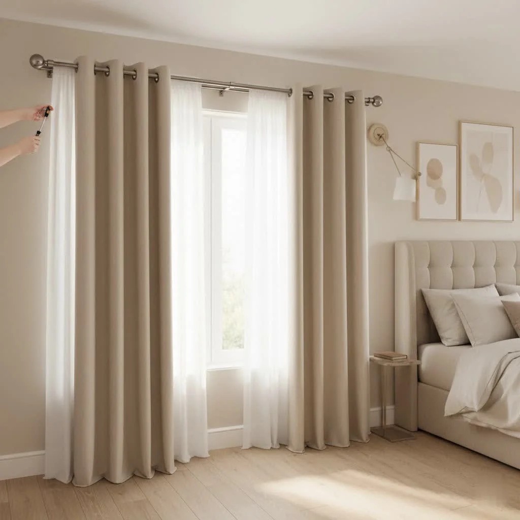 Adhesive curtain rod holders on a wall