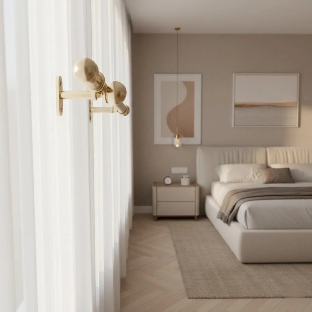 Tension rod curtain pole in a window frame