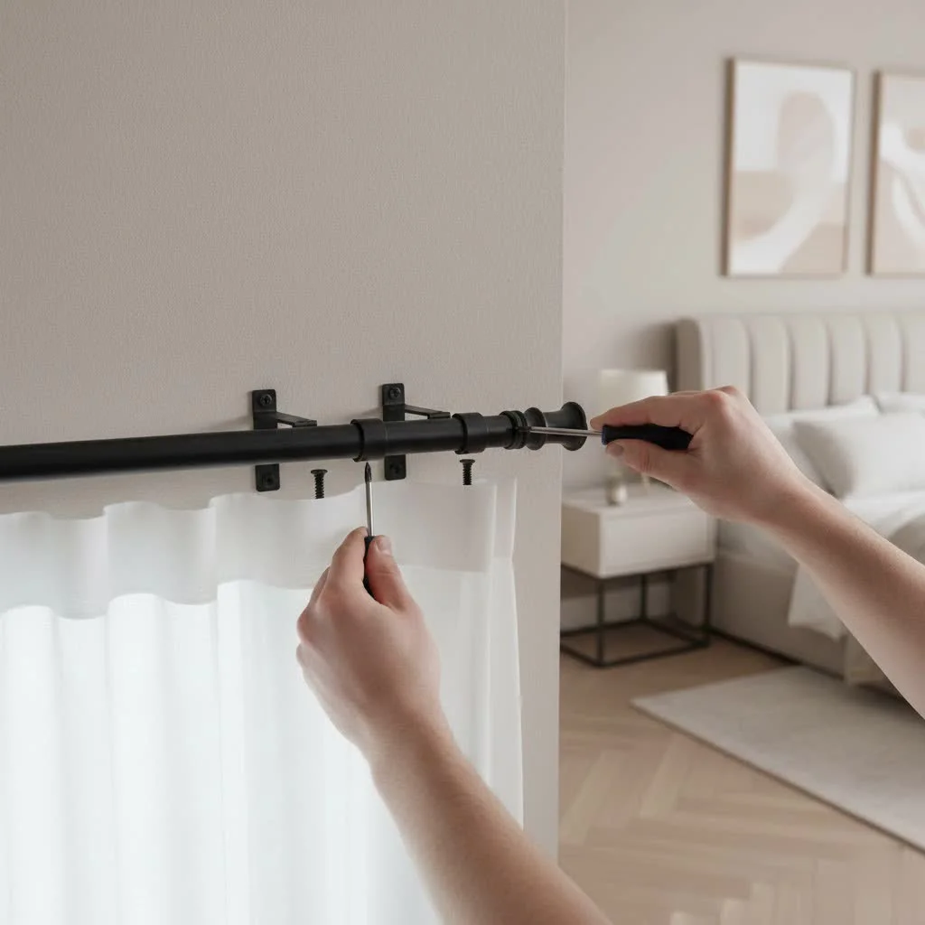 Ceiling mounted shower curtain rod in a modern bathroom