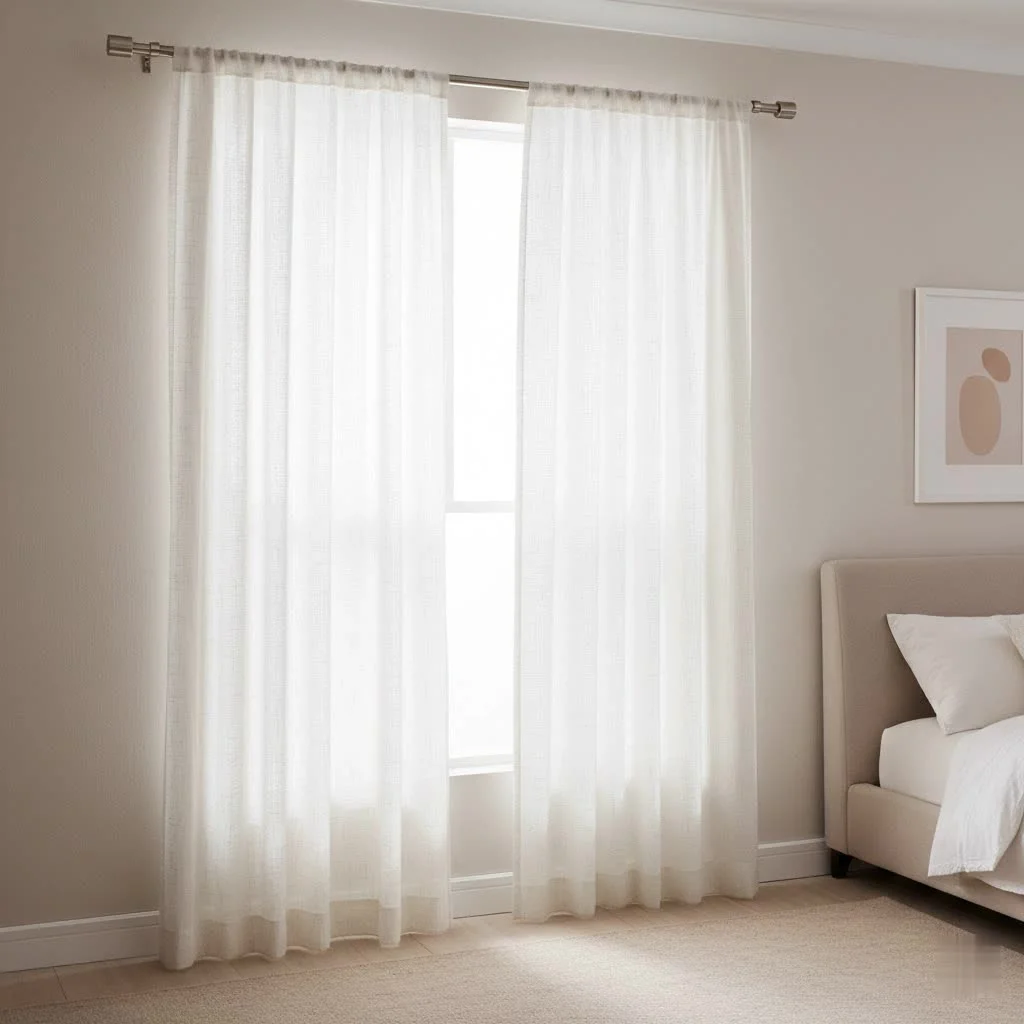 Room divider curtain rod separating a living space