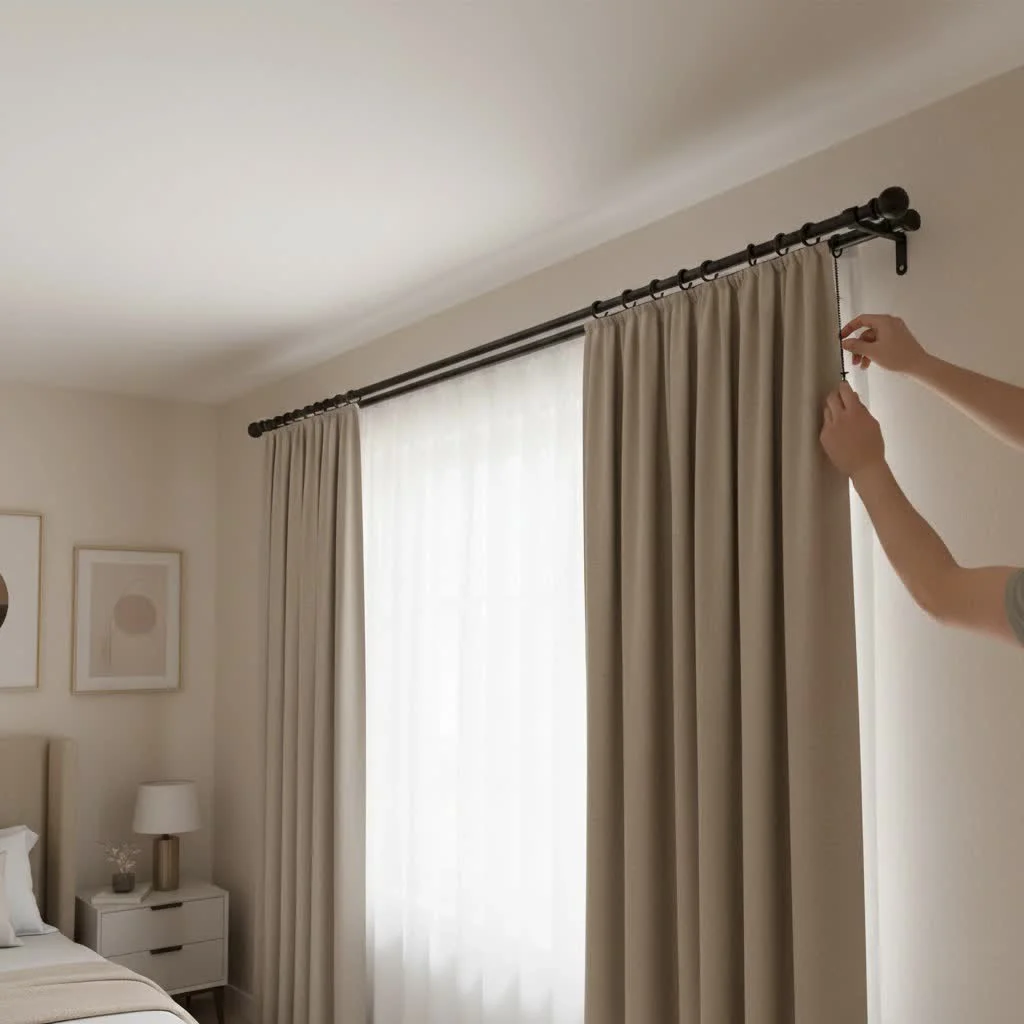 Shower curtain tension rod in a modern bathroom