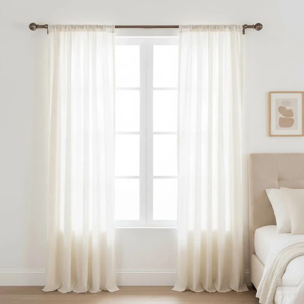 Close-up of a modern brushed nickel curtain rod hanger supporting a white curtain