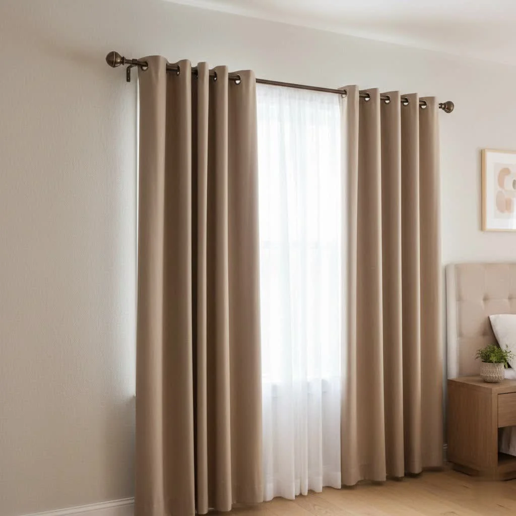 Elegant living room with corner windows featuring stylish corner curtain rods and flowing drapes.